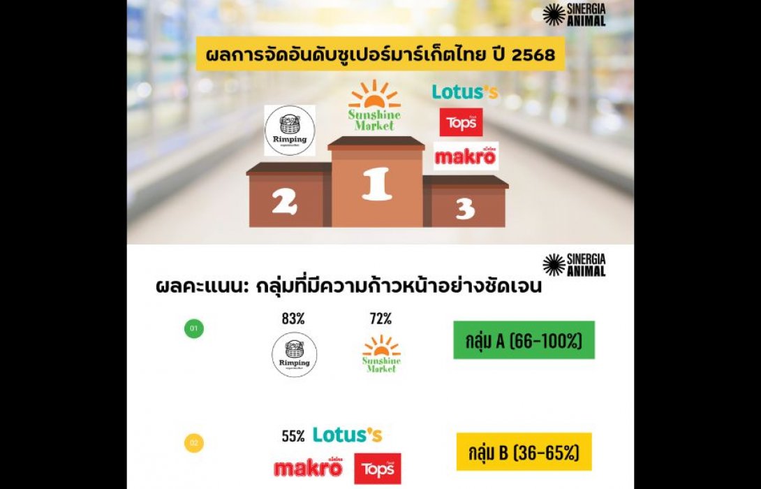 Sinergia Animal เผยผลจัดอันดับไข่ไก่ปลอดกรงในซูเปอร์มาร์เก็ตไทย ปี 2568 ชี้ช่องว่างความโปร่งใสและมาตรฐานสวัสดิภาพสัตว์ในธุรกิจค้าปลีกไทย