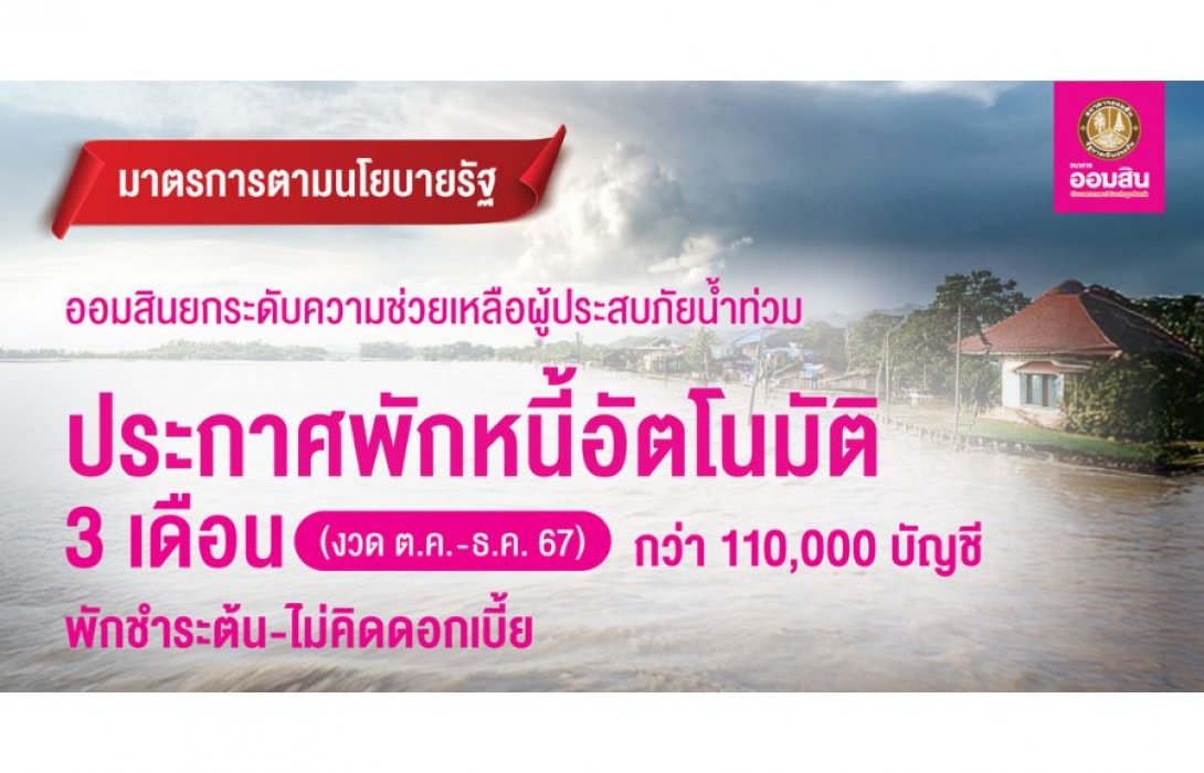 ออมสิน ขานรับนโยบายรัฐช่วยลูกหนี้ประสบภัยน้ำท่วม ประกาศพักหนี้อัตโนมัติ 3 เดือน ให้พักชำระเงินต้น ไม่คิดดอกเบี้ย จำนวนกว่า 110,000 บัญชี งวด ต.ค.-ธ.ค. 67