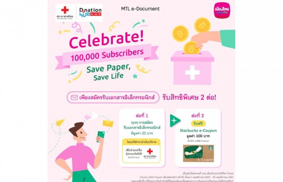 เมืองไทยประกันชีวิต เปิดตัวแคมเปญ “Save Paper, Save Life” ชวนลูกค้าสมัครรับเอกสารอิเล็กทรอนิกส์ พร้อมร่วมบริจาคเงินช่วยเหลือผู้ประสบภัยผ่านสภากาชาดไทย