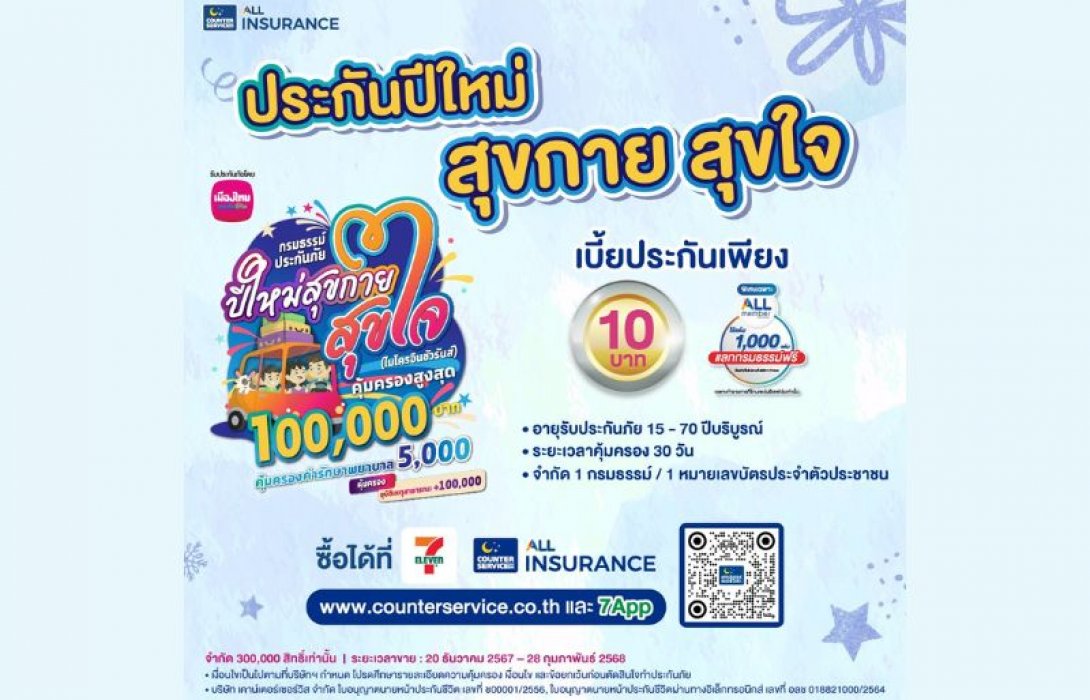 เมืองไทยประกันชีวิต ผนึกกำลัง เคาน์เตอร์เซอร์วิส ส่ง “กรมธรรม์ประกันภัยปีใหม่สุขกายสุขใจ (ไมโครอินชัวรันส์)” เติมเต็มความสุขและความอุ่นใจรับเทศกาลปีใหม่
