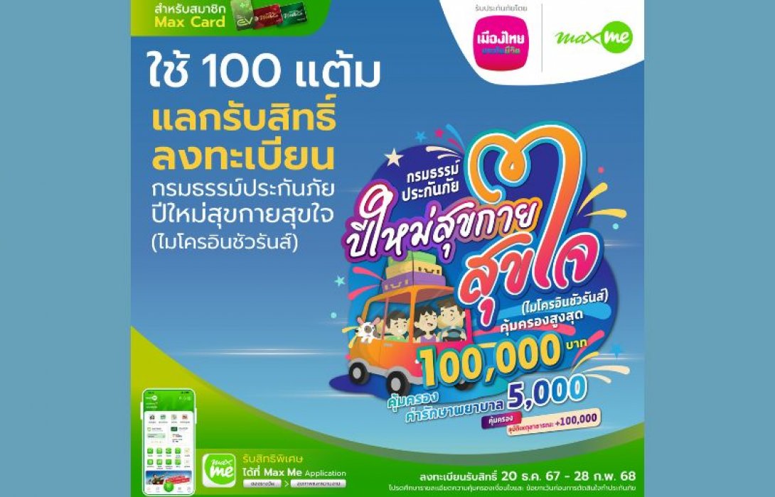 เมืองไทยประกันชีวิต จับมือ แมกซ์ โซลูชัน ส่งมอบความสุขและความอุ่นใจ ต้อนรับเทศกาลปีใหม่แก่สมาชิก Max Card ผ่าน “กรมธรรม์ประกันภัยปีใหม่สุขกายสุขใจ (ไมโครอินชัวรันส์)”