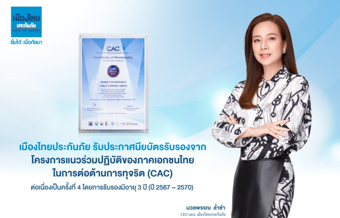 เมืองไทยประกันภัยผ่านการรับรององค์กรต่อต้านการทุจริต CAC  ประจำปี 2567 ต่อเนื่องเป็นครั้งที่ 4