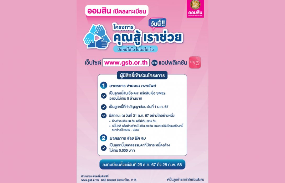 ออมสิน เปิดลงทะเบียนโครงการ “คุณสู้ เราช่วย” แล้ววันนี้ ผ่านเว็บไซต์ของธนาคาร www.gsb.or.th และแอปพลิเคชัน MyMo