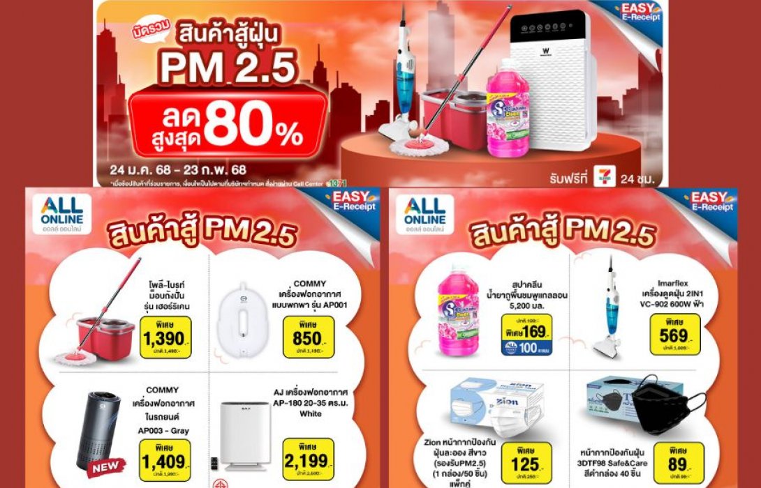 ฝุ่นหนักแค่ไหนก็เอาอยู่!ALL ONLINE รวมไอเทมเด็ดสู้ฝุ่น PM 2.5 เพื่อสุขภาพที่ดีของทุกคน พร้อมส่วนลดสูงสุดกว่า 80% และยังสามารถรับ e-Receipt ลดหย่อนภาษีได้