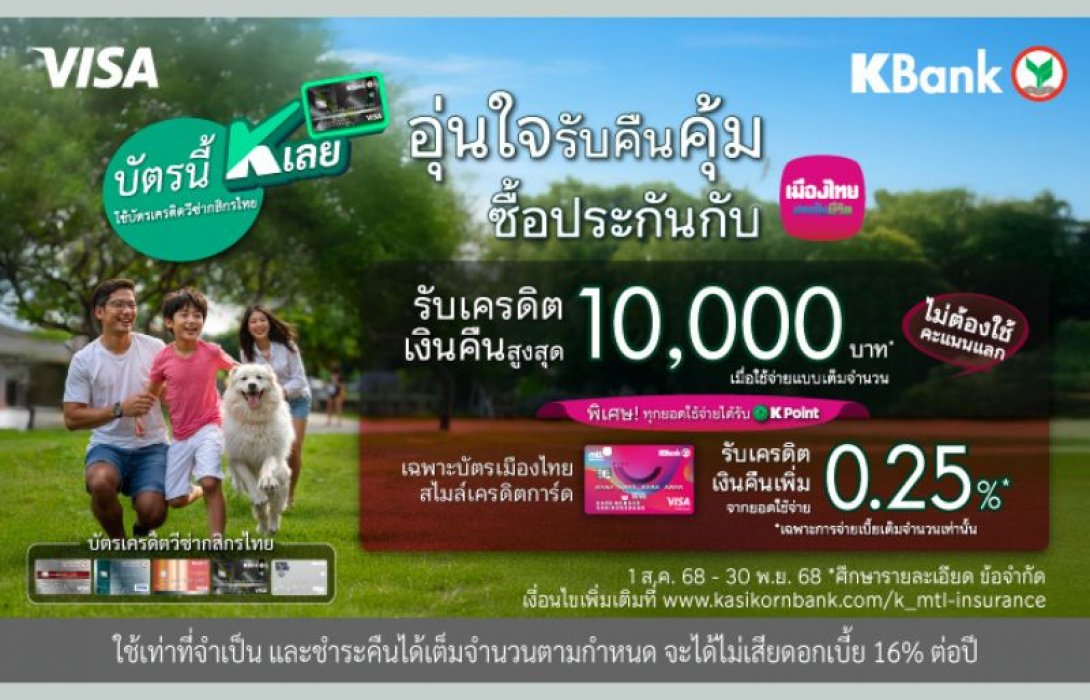 เมืองไทยประกันชีวิต จับมือ ธนาคารกสิกรไทย มอบความอุ่นใจพร้อมโปรโมชันคืนคุ้ม แก่สมาชิกเมืองไทยสไมล์เครดิตการ์ด เพียงซื้อหรือชำระเบี้ยประกันภัย รับเครดิตเงินคืนสุดคุ้ม
