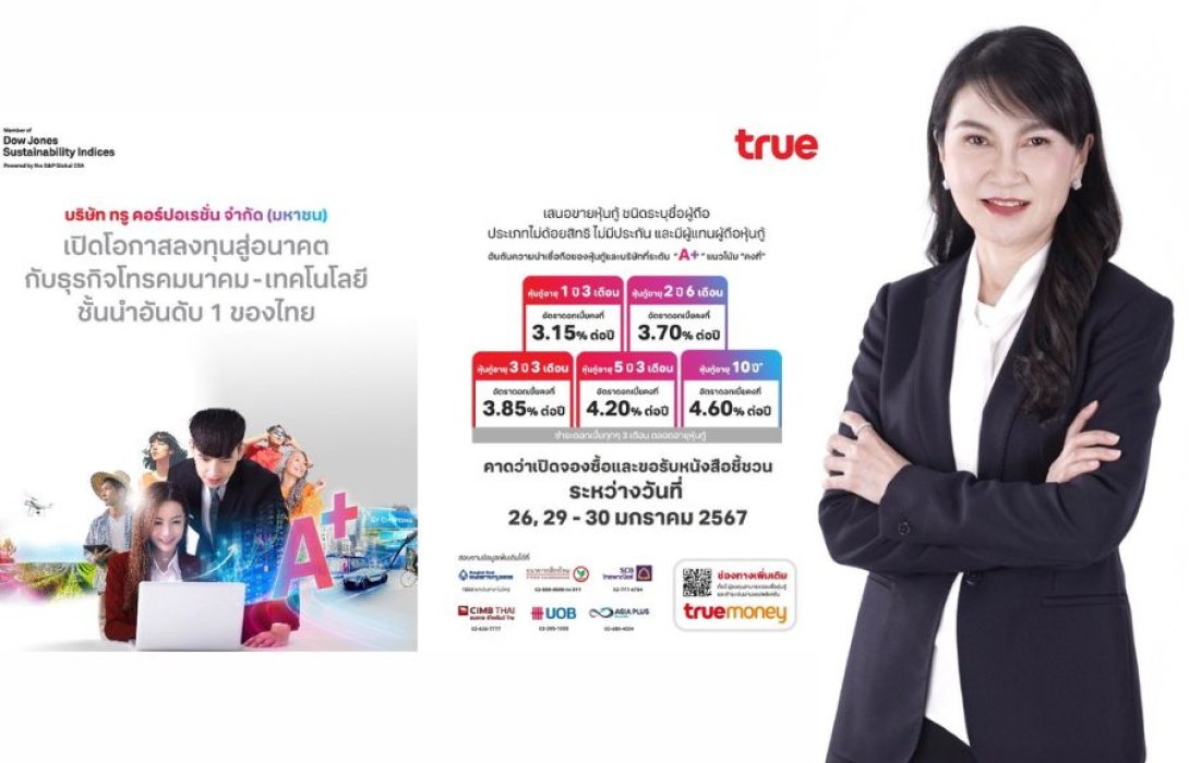 “ทรู คอร์ปอเรชั่น” ประกาศดอกเบี้ยหุ้นกู้เรทติ้ง A+ ชุดใหม่ 3.15 – 4.60% อายุหุ้นกู้ 1 ปี 3 เดือน ถึง 10 ปี คาดเสนอขาย 26 - 30 ม.ค. 67 นี้