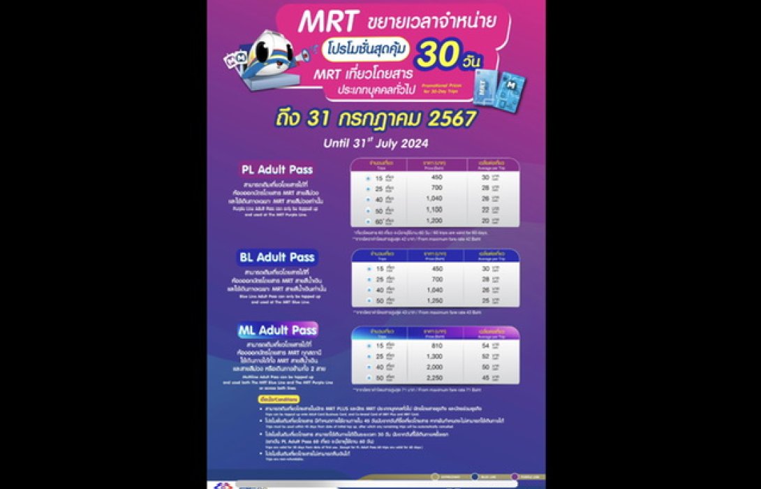 MRT ขยายโปรโมชั่นเที่ยวโดยสารรถไฟฟ้าต่อเนื่องถึงกรกฎาคม 2567  