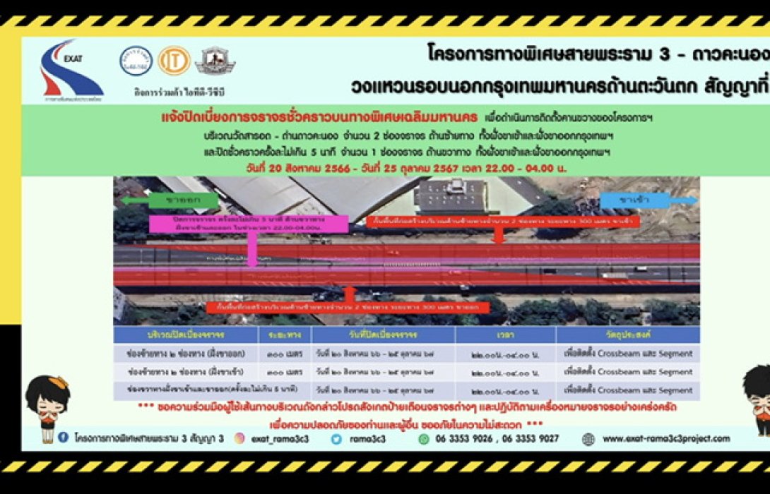 กทพ. แจ้งการปิดเบี่ยงการจราจรชั่วคราวบนทางพิเศษเฉลิมมหานคร ช่วงวัดสารอดถึงดาวคะนอง ฝั่งขาเข้าและขาออกกรุงเทพฯ